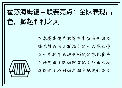 霍芬海姆德甲联赛亮点：全队表现出色，掀起胜利之风