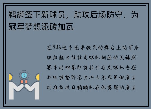 鹈鹕签下新球员，助攻后场防守，为冠军梦想添砖加瓦